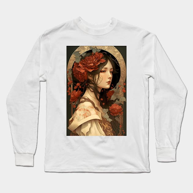 Japanese Princess Surrounded by Roses Long Sleeve T-Shirt by ArtNouveauChic